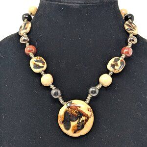 Hand-Painted Glazed Ceramic Bead Necklace 18" Ethnic Boho Jewelry Neutrals